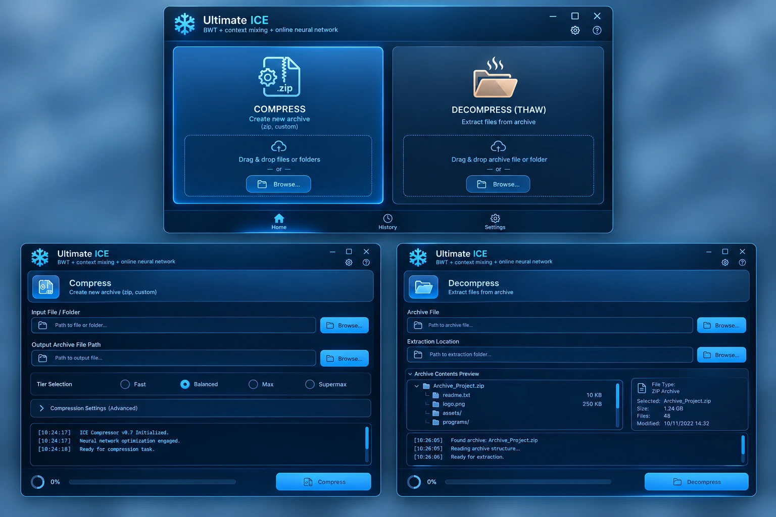 Ultimate ICE desktop app: home screen with Compress and Decompress cards, the compress screen with tier selection, and the decompress screen with an archive preview